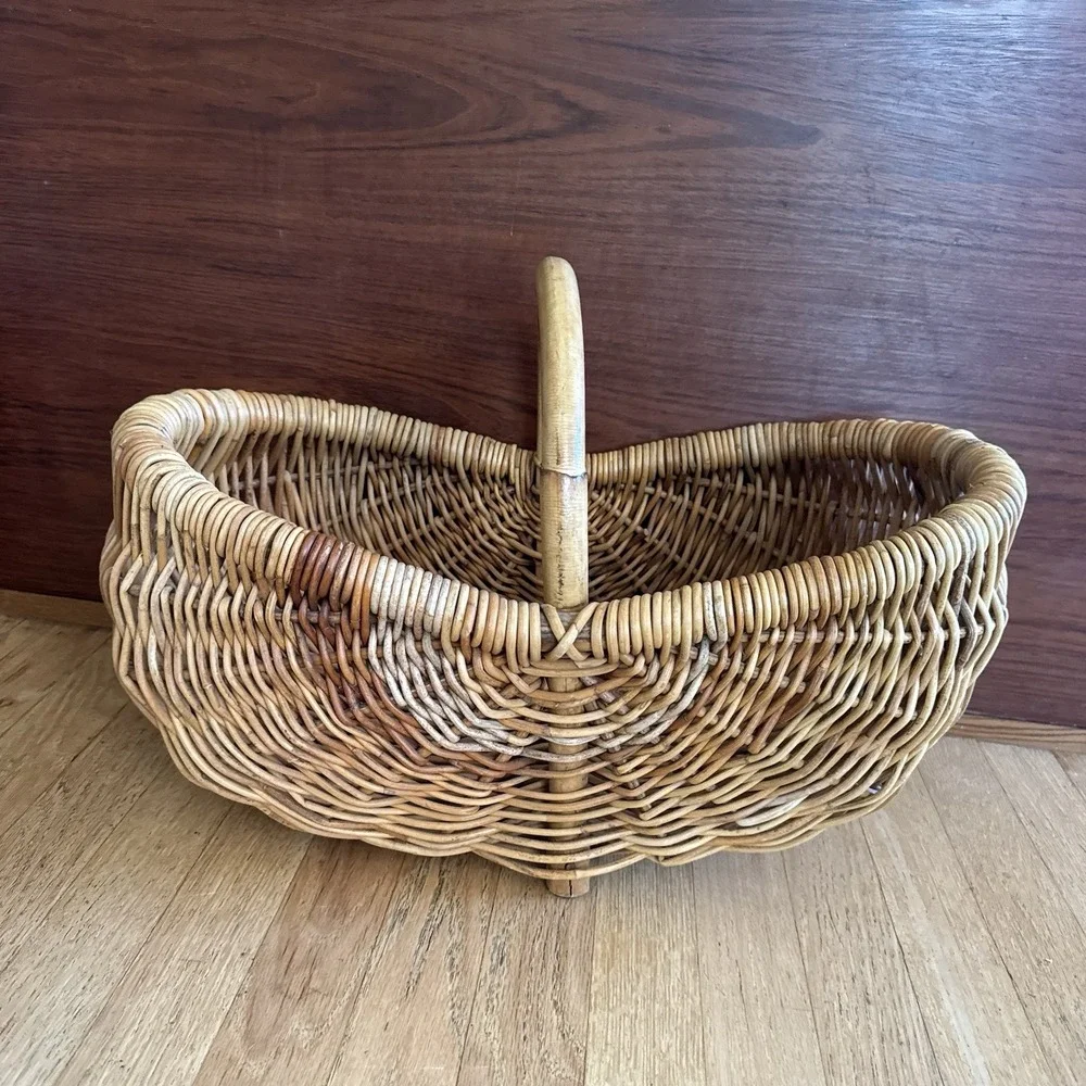 Vintage French Woven Gathering Basket 1960s Bamboo Handle Cottagecore 20